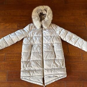 DKNY Donna Karen Puffer Coat Taupe Warm Fur Hood Medium